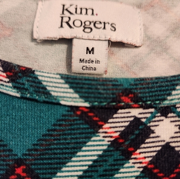 Kim Rogers Romy Green Red Boxy 3/4 Sleeve Blouse M High Low Hem - Picture 7 of 7